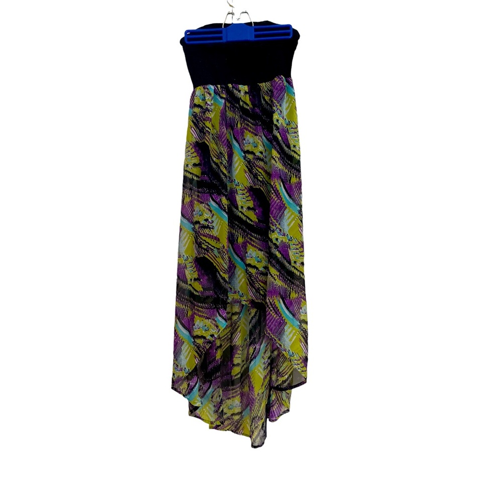 Strapless hi low black top abstract chiffon fabric skirt dress strappy back sz s